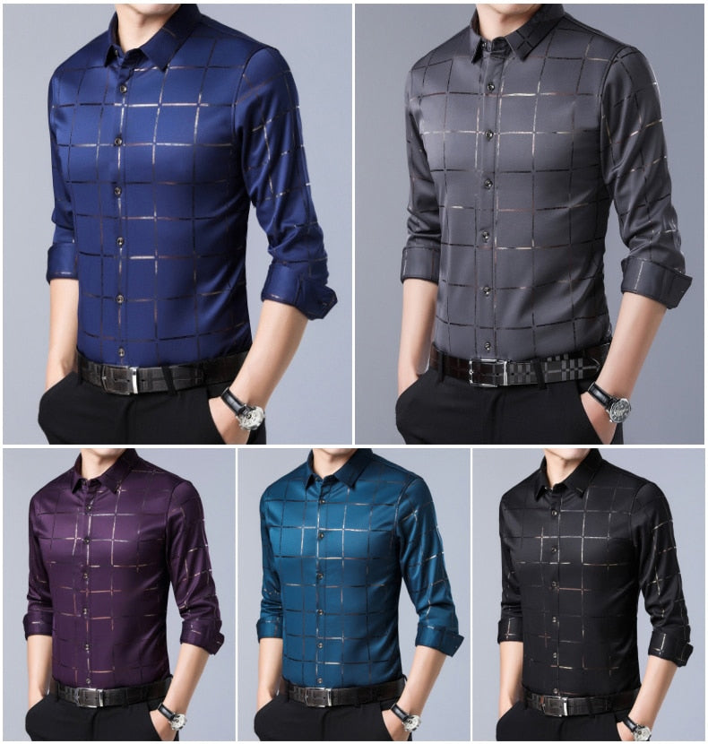 Casual Spring Luxury Plaid Long Sleeve Slim Fit Shirt