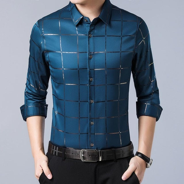 Casual Spring Luxury Plaid Long Sleeve Slim Fit Shirt