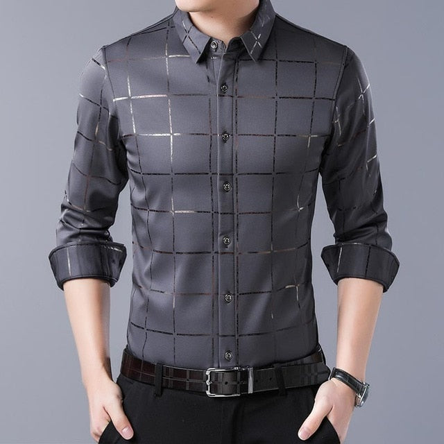 Casual Spring Luxury Plaid Long Sleeve Slim Fit Shirt